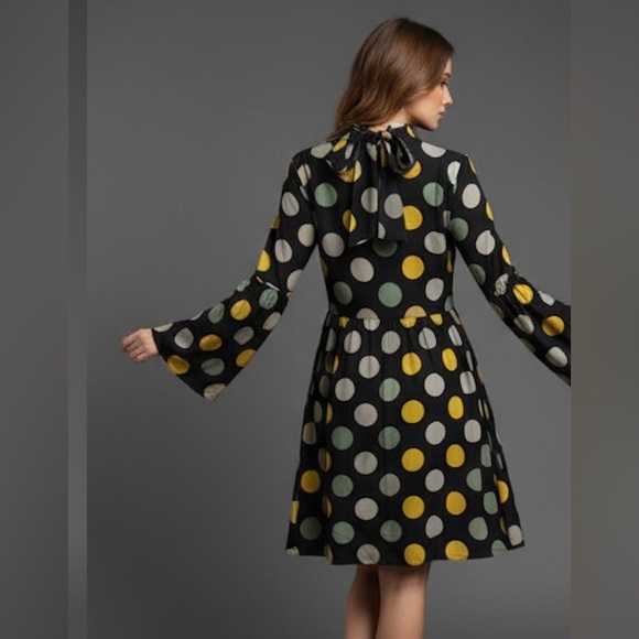 Polka Dot Mock Neck Trumpet Sleeve Smock Dress - Picture 4 of 6